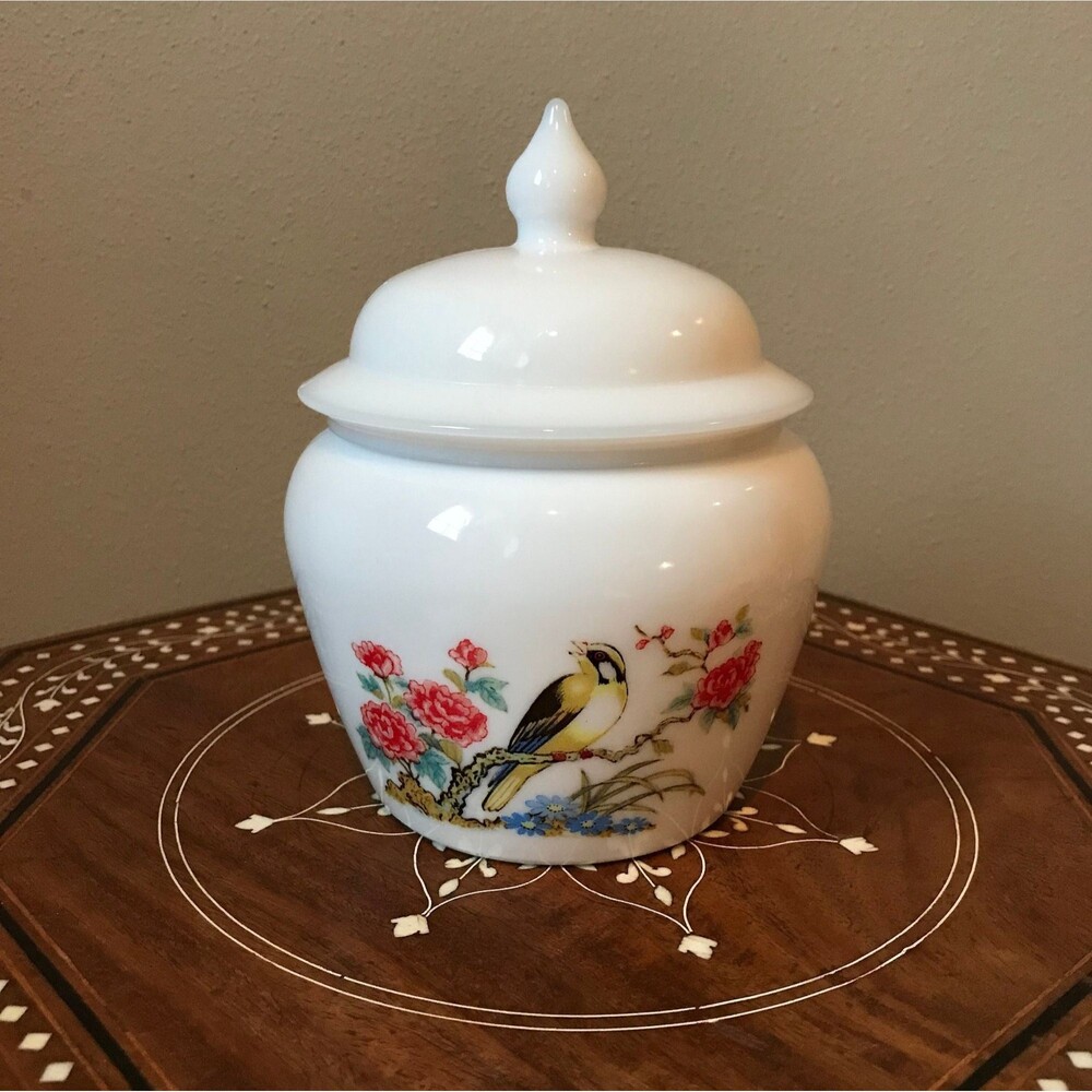 Vintage Avon Milk Glass Jar With Lid Bird Flower Design